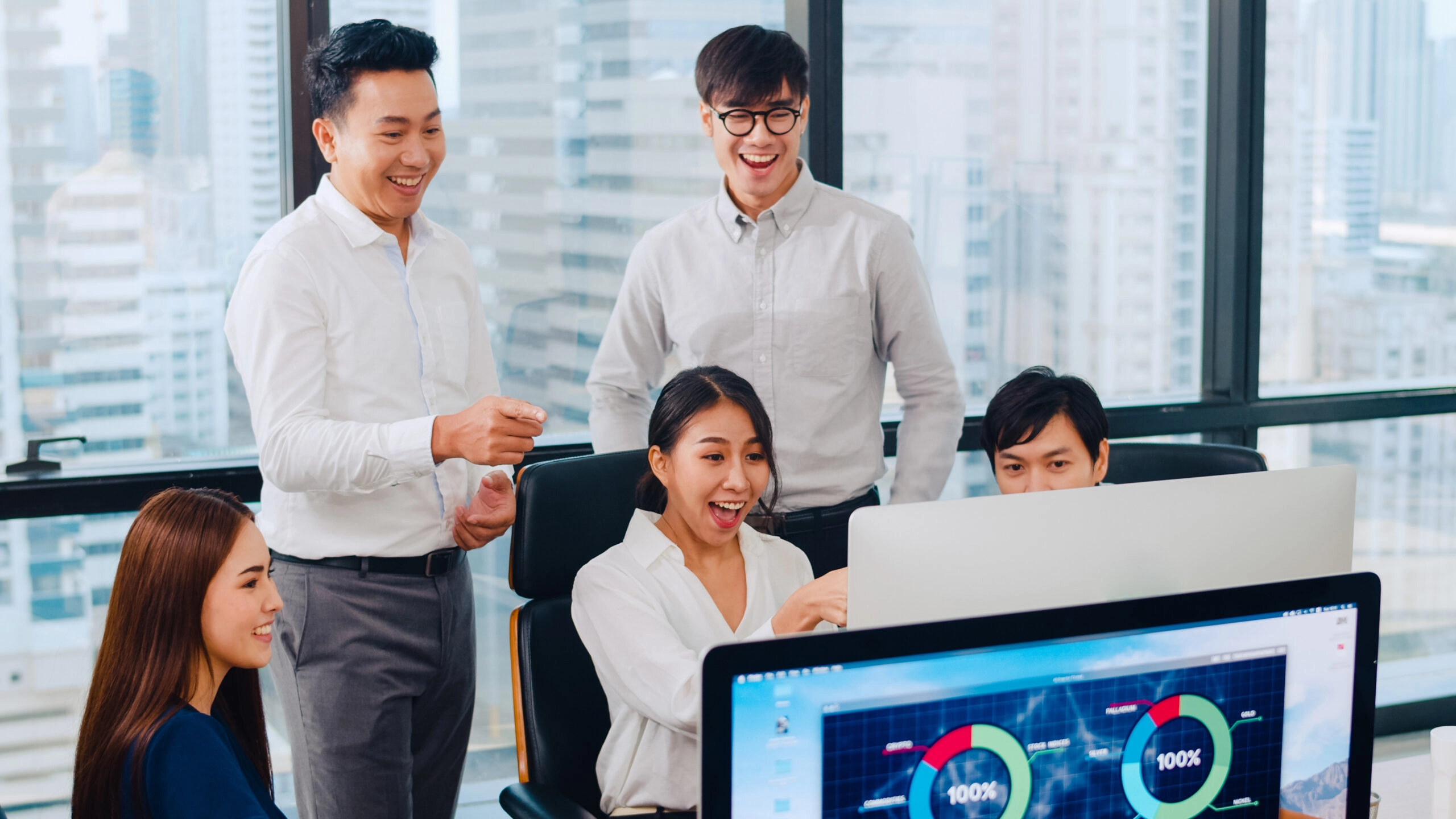 Millennial Group Young Businesspeople Asia Businessman Businesswoman Celebrate Giving Five After Dealing Feeling Happy Signing Contract Agreement Meeting Room Small Modern Office Scaled 1